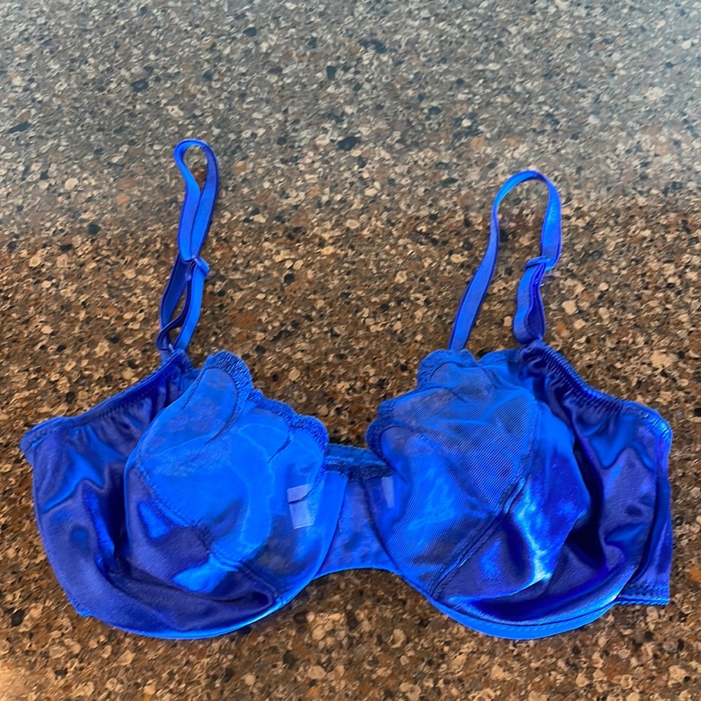 Vintage Royal Blue Satin Mesh Lace Scalloped Trim. Underwire Bra Size 34 C